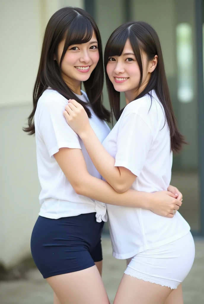 (2 girls, same height :1.2) ,Rear view, couple focus , japanese girl , (smile:0.7), stand next to each other , running , run, race, Upper body, Gym suit, White Long Sleeve Hoodie, hood, white panties, lace panties, beautiful thighs,think back, realistic butt crack, にやにやのsmile, very short hair , (high color saturation:1.0), (highly detailed skin), (highest quality:1.0), (Super high resolution:1.0) ,(photo-realistic:1.0), (super detailed:1.0), (8K, RAW photo:1.1)、Beauty、white panties、blur the background