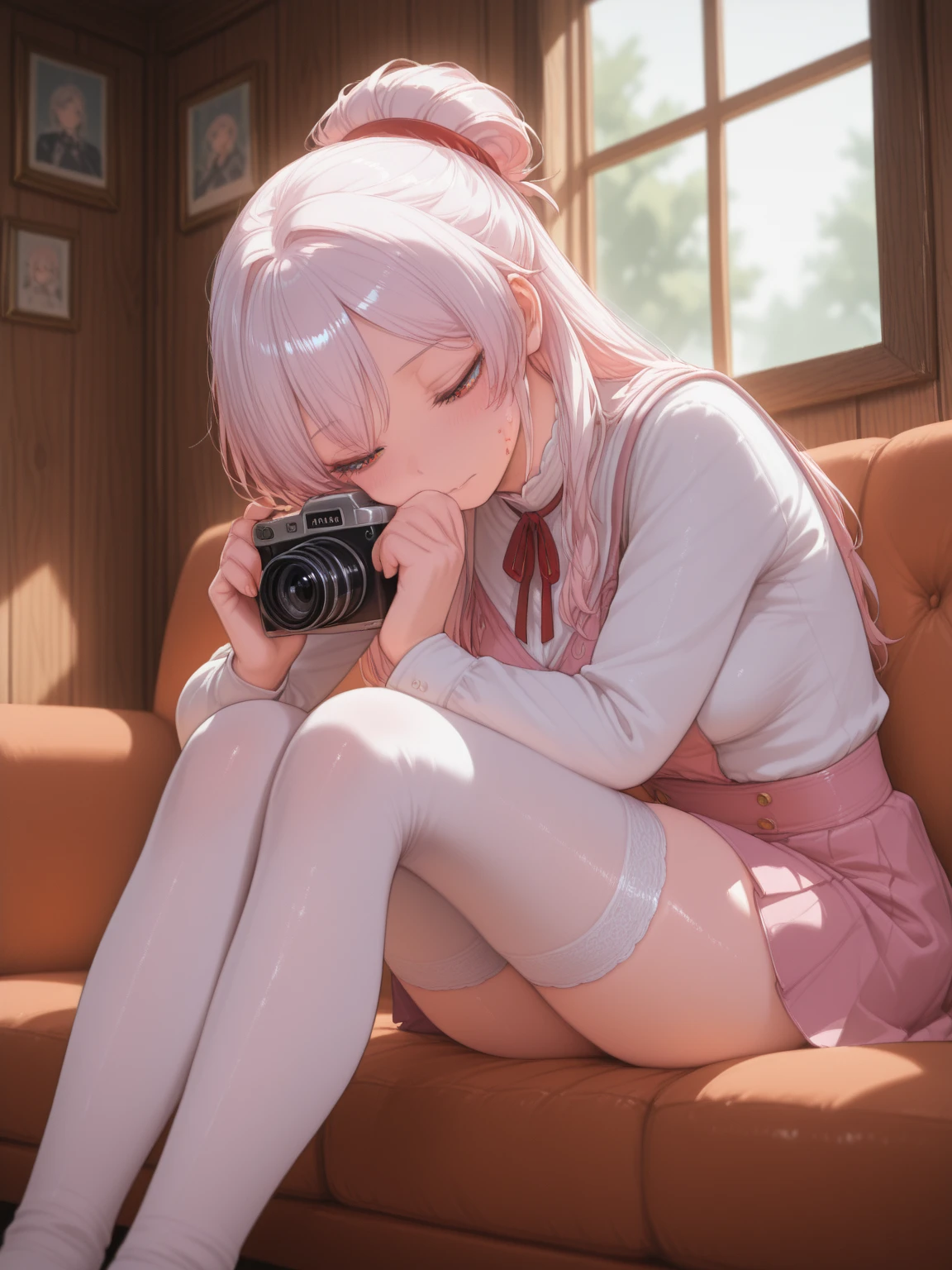 Female loli White hair Double ponytail Japanese High school student Black white short skirt kneeling on a white bed The background is a sea outside the window --auto