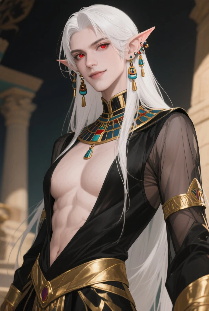 Tall, handsome, statuesque, courageous, adult man-platinum blonde, he is an antique king, light blue royal robes, he has long straight platinum hair, tanned skin, blue eyes, long bangs, he holds the hand of an incredibly beautiful young femme fatale blonde, she is wearing a thin transparent antique robe, emphasizing her perfect figure, big, beautiful, neat breasts, pointed nipples. Her long golden hair is gathered into a beautiful hairstyle decorated with jewels. They are in love with each other. Realistic image.