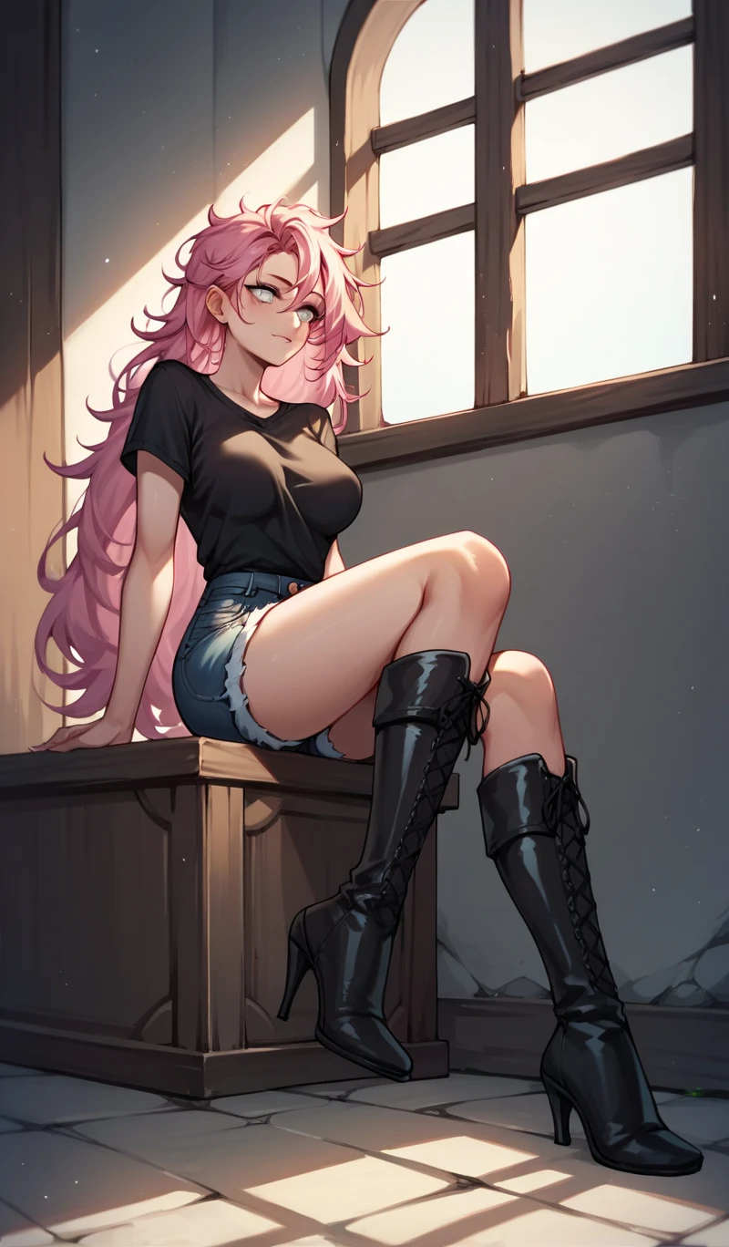 score_9, score_8_up, score_7_up, score_6_up, score_5_up, score_4_up, source_anime, 1girl, she was lying down, smile, red hair, braids, close eyes, w-w-chain, spread arms, long hair, black shirt, shorts, thigh boots, black boots, platforms, night, dungeon, best quality, best res, 4K UHD,