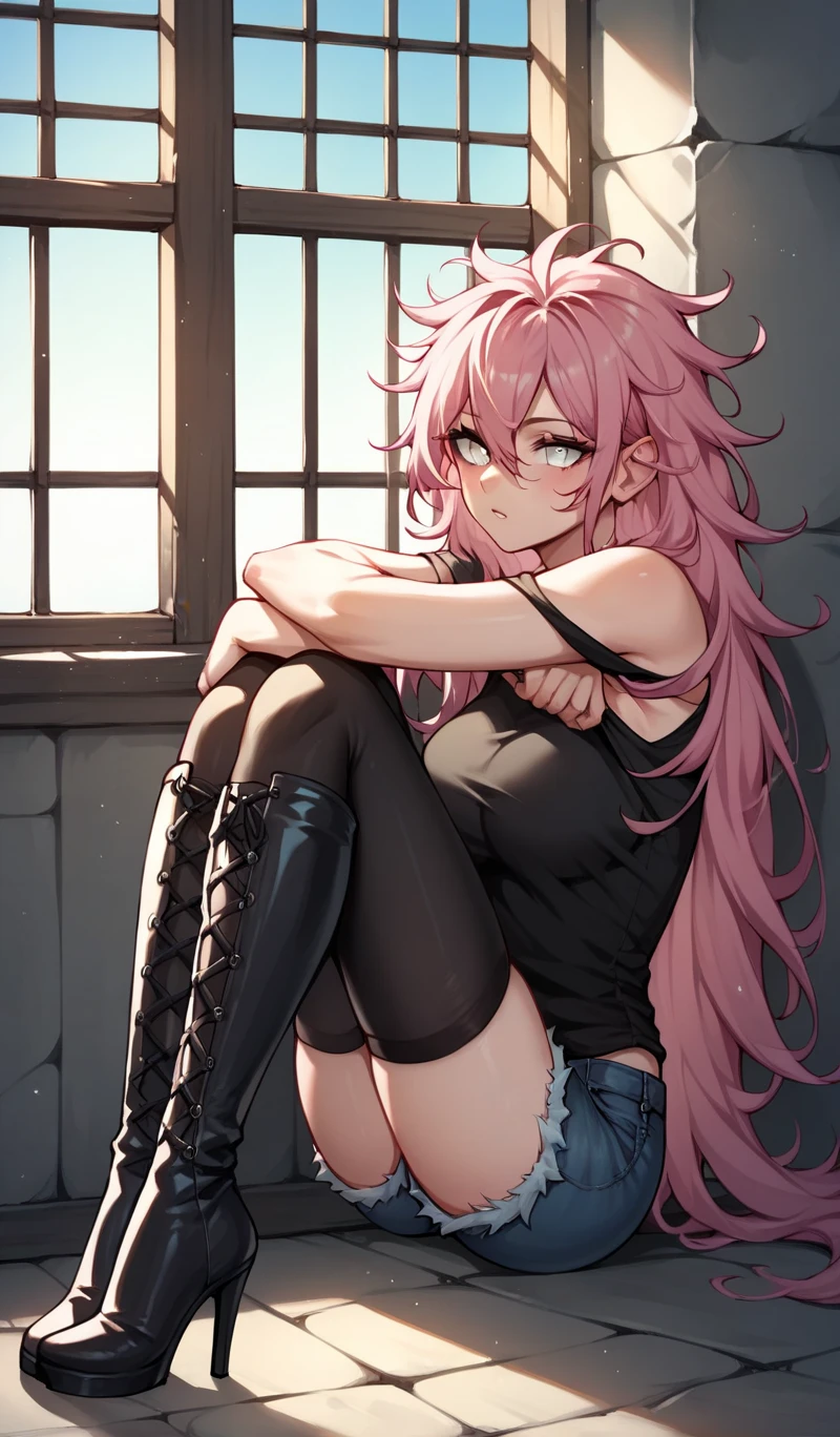 score_9, score_8_up, score_7_up, score_6_up, score_5_up, score_4_up, source_anime, 1girl, pink hair, long hair, white eyes, w-w-chain, shackles, suspended arms,above the air, loose hair, sweaty shirt,shorts,purple thigh boots, no heels, dungeon, best quality, best res, 4K UHD,