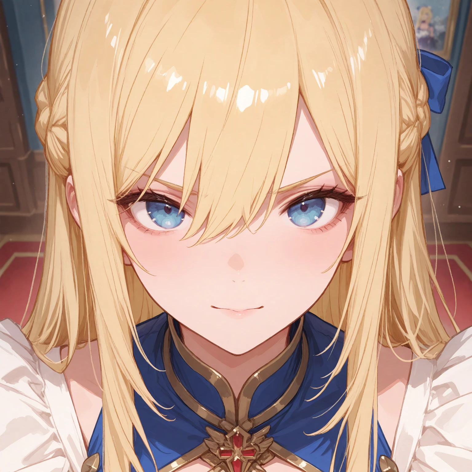 A regal blonde woman, clad in a white and yellow dress, stands in a royal chamber at night. Her blue eyes gleam mischievously as she smirks at her reflection in the ornate vanity, a play of light and shadow creating an air of mystery and intrigue.