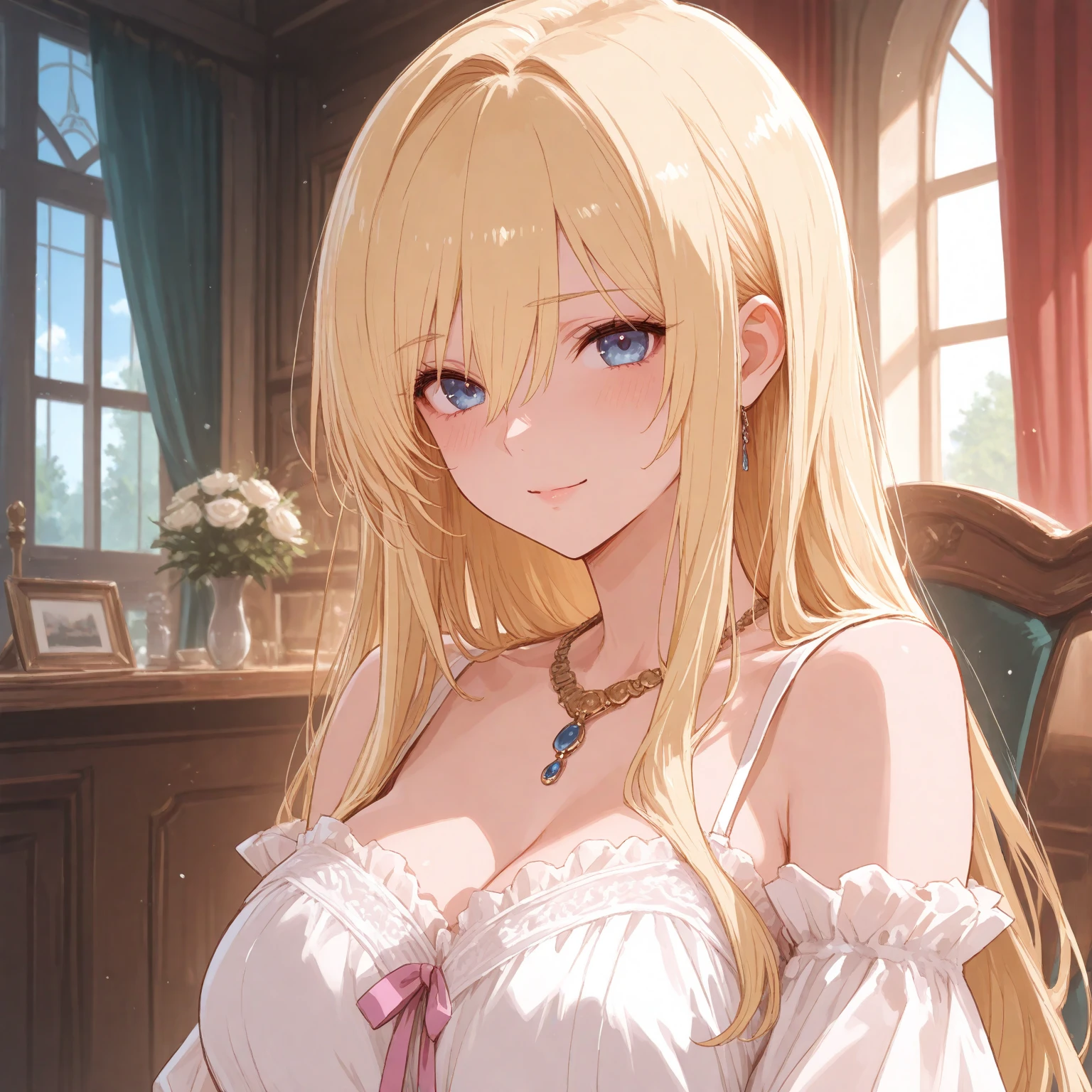 Tabletop, highest quality,figure, wallpaper, Super detailed, Absurd beauty、One beautiful girl、Blonde、Long Hair、Wavy Hair、Braided hair、Ample breasts、Showing cleavage、Nightdress,((ecstasy face))、Hotel、Crossed Arms