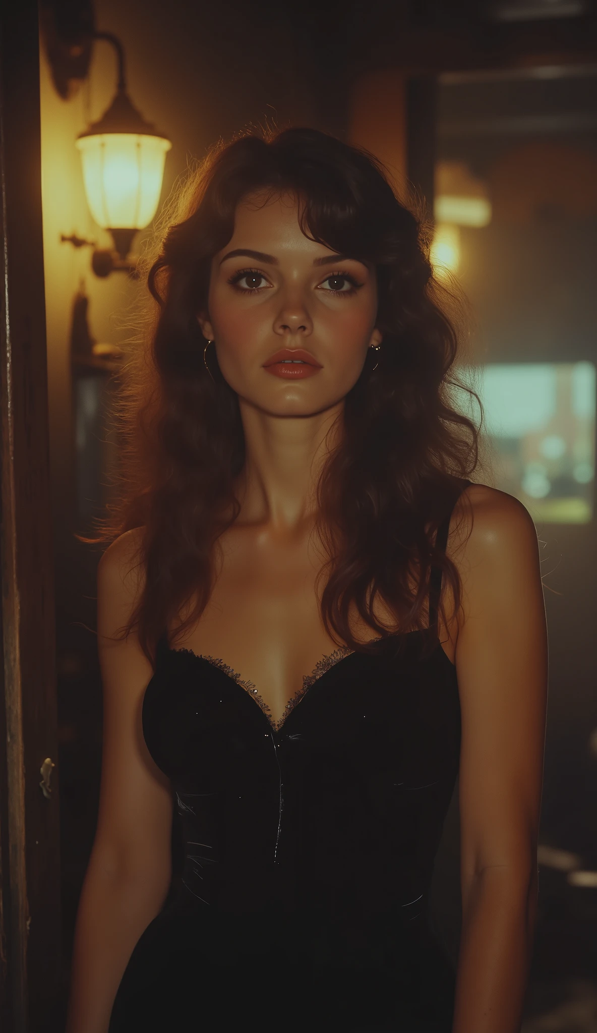1980 film still, 21 year old female, long straight dark brown hair, hazel eyes, simple black dress, medium shot, grainy effect