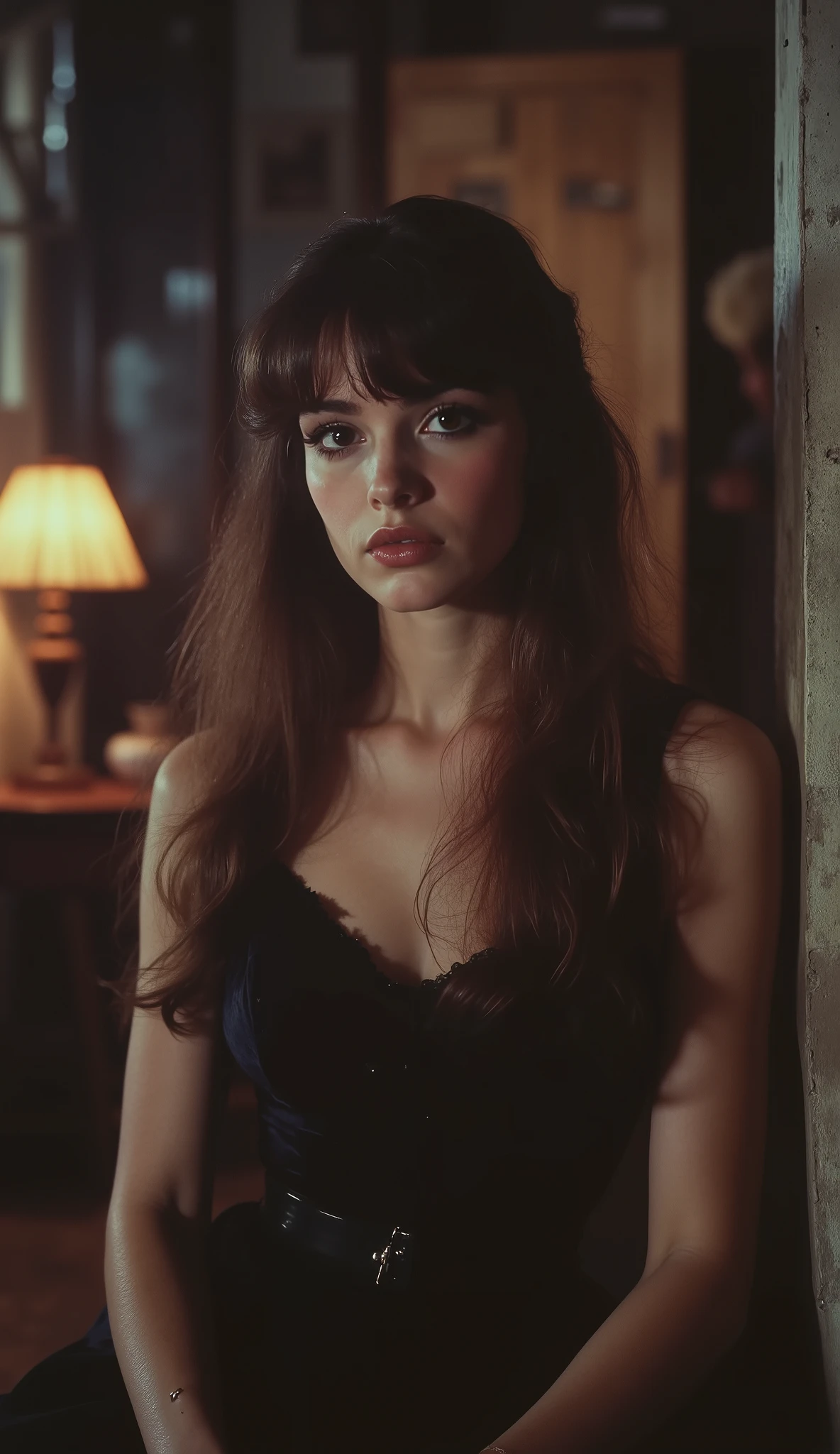 1980 film still, 21 year old female, long straight dark brown hair, hazel eyes, simple black dress, medium shot, grainy effect