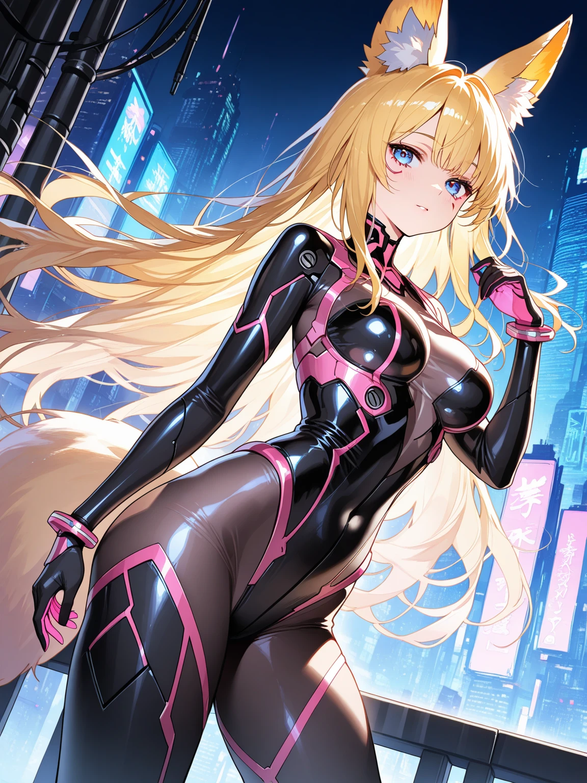 (((Adult woman))), pink eyes, (long blonde hair), black-pink plugsuit, smirk