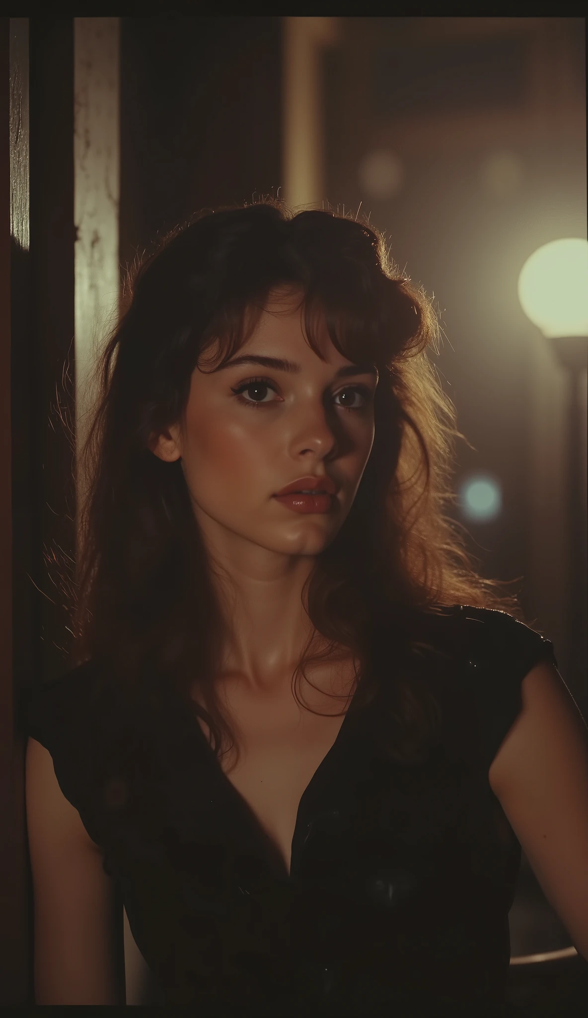 1980 film still, 21 year old female, long straight dark brown hair, hazel eyes, simple black dress, medium shot, grainy effect