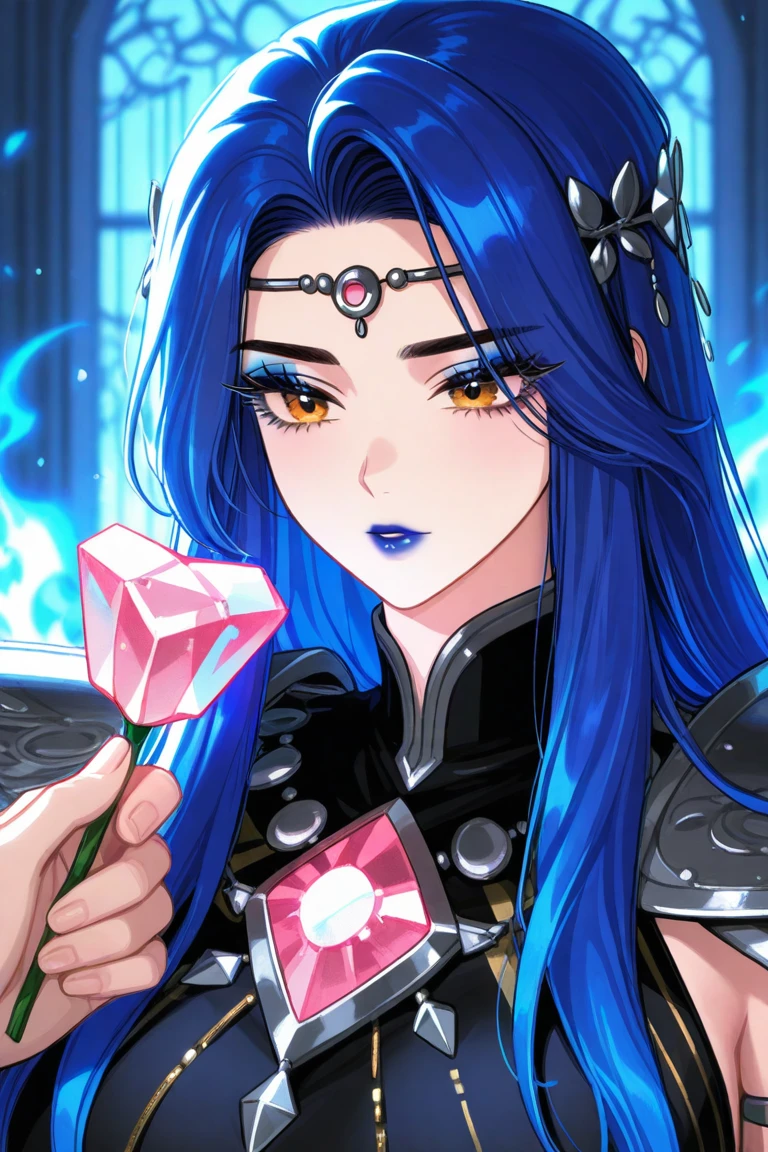 photo from below, female mage sitting on stairs, black hair, beautiful blue eyes, glowing eyes, black robe with silver and blue details, very detailed robe, (stone temple background: 1.1), photorealistic, cinematic lighting, detailed lighting, light pouring through stained glass windows, hard lighting, jewelry, (circlet: 1.2), pendants, earrings, relaxed expression, relaxed posture, grey background, close up face, round face, glossy lips, soft makeup, vivid colors, brunette, gentle, smile,