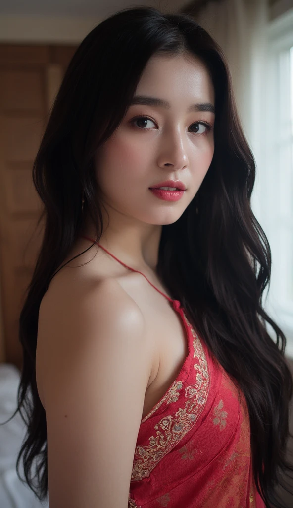 raw photo, 8k, (top-quality), Realistic, (real picture, Intricate details), (natural skin texture, detailed skin, hyper realism, sharpness), ((((flat chest:1.3)))), (thin body, pale skin:1.5), Japanese age girl, in traditional luxury hotel at night, Suite Room, (black small bra, black thongs), ((straight hair, one-length hairstyle)), (provocative look, Parted lips:1.3, eye shadow:1.3, eyeliner, tear bag:1.2, red lips:1.2, undereye circle:1.3), thighs, night time, chandelier, golden decoration wall, king size bed, big window, night view, full body shot, spot lighting:1.2