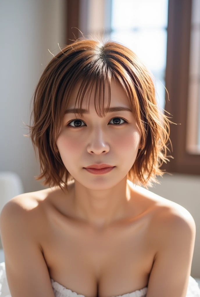 (8K、RAWE Photo、Highest quality、masterpiece:1.2)、(Real、Photorealistic:1.37)、Super detailed、Ultra-high resolution、1 girl、Beautiful detailed face、(Feather Cut: 0.6)、Professional Lighting、The lighting is bright、actress、model、Japanese、Full body、Wide-angle shot、Daytime、bright、naked, simple background ,Simple Background、Model posing, full body , cowboy shot ,40-year-old woman、Mature Woman、My skin is shining with oil、Skin is shiny、