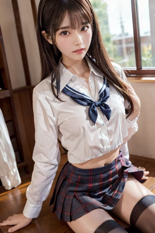Arabian style Asian woman wearing a white shirt and red bow tie sitting on a sofa, Cute school girl, hyperRealistic , a hyperRealistic , High school girl posing, Thigh close-up, Realistic , wearing Japanese , Japanese girl , Japanese , Legs close-up, lower angle, Crossing your legs