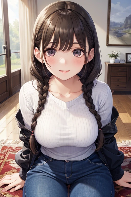 a bouncy and curvy American girl with a beautiful face, shoulder length dark hair with braids, curvas grossas, Curvilinear, grossas, coxas grossas, barriga clara e rechonchuda, rosto bonito, peituda, camiseta branca fina, inclinada, sedutora, leaning towards shorts looking at camera, vestindo uma camiseta justa, em sua casa, realista, detalhado, 4k -Estilo fantasia -tamanho 3:4