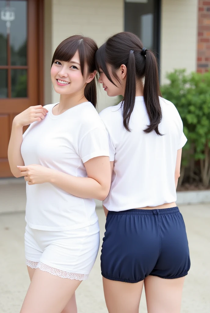 (Navy blue high leg bloomers、White short-sleeved thin T-shirt、Ass、Black Hair、Big Ass、belly button、Countryside Grounds、Side Ponytail)、Extremely sexy、Glamorous Body、smile、Professional Lighting、Beautiful adult woman、Captivating thighs、Very large breasts、Cleavage、Are standing、Beautiful teeth alignment