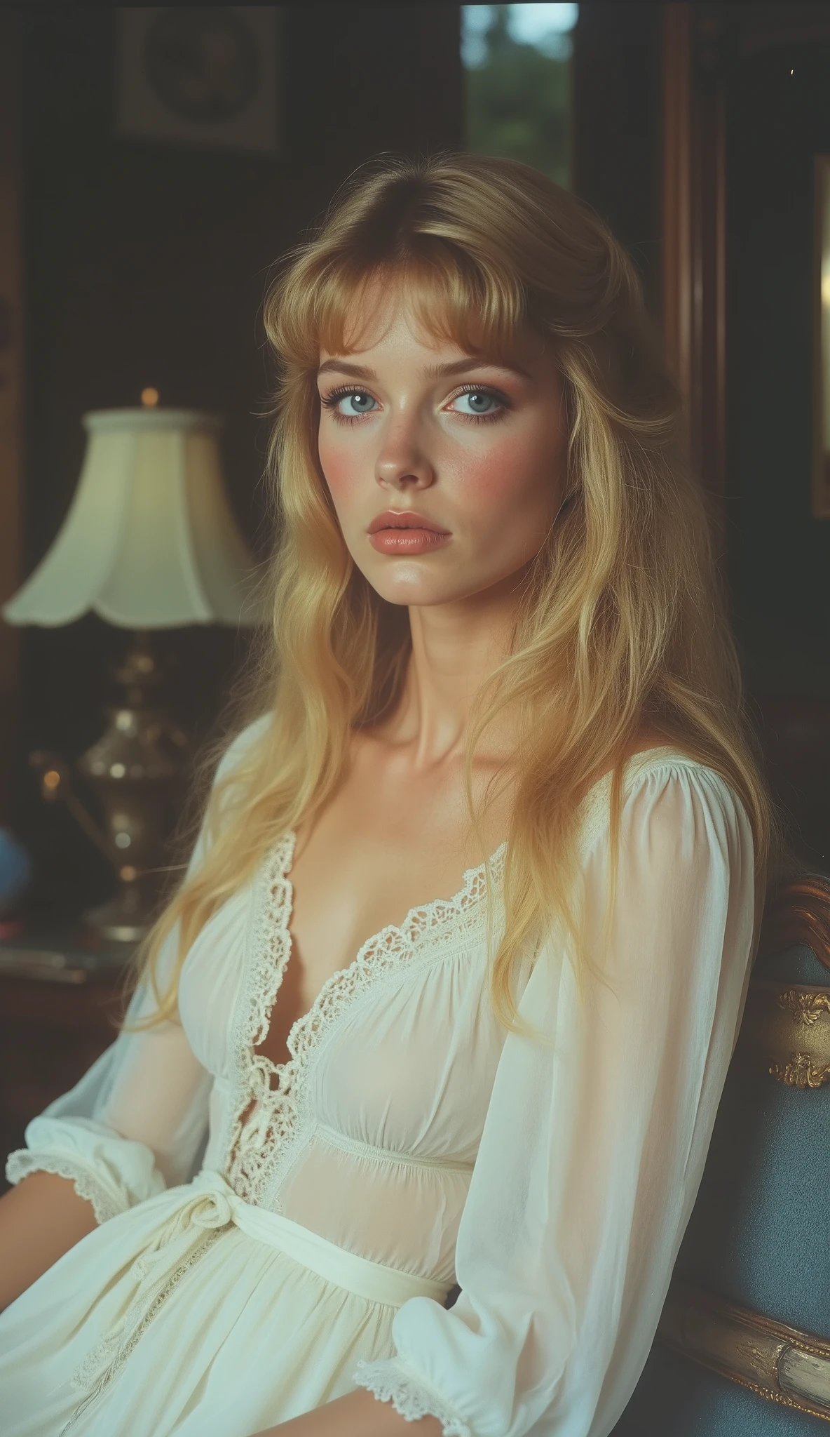 1980 film still, 21 year old female, long straight blonde hair, blue eyes, simple white dress, medium shot, grainy effect