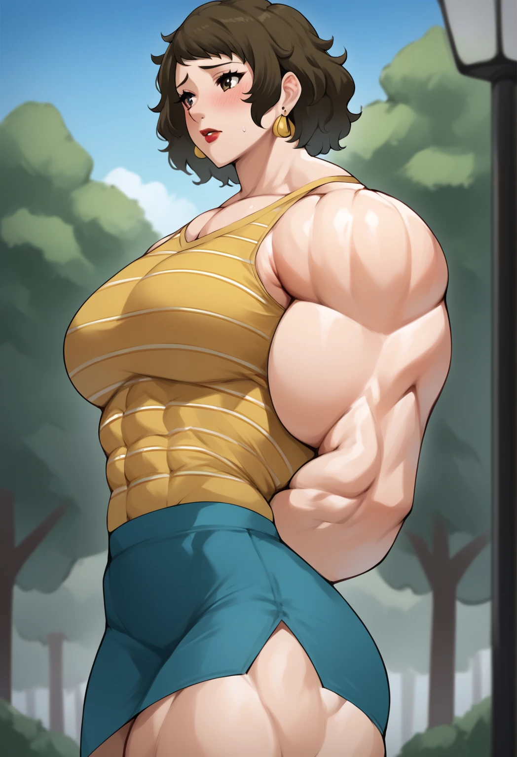 1girl, star eye, blush, perfect illumination, unreal engine, sidelighting, detailed face, bangs, bright skin, a view of an adult woman wearing a wearing denim shorts and a orange tank, big breast, solo, smile, orange hair, short hair, shirt, shorts, full body, crop top, looking at viewer, muscular arms, hands down, black over-the-knee socks, standing, legs and feet are also visible, brown eyes, tall, full body, field, low grass