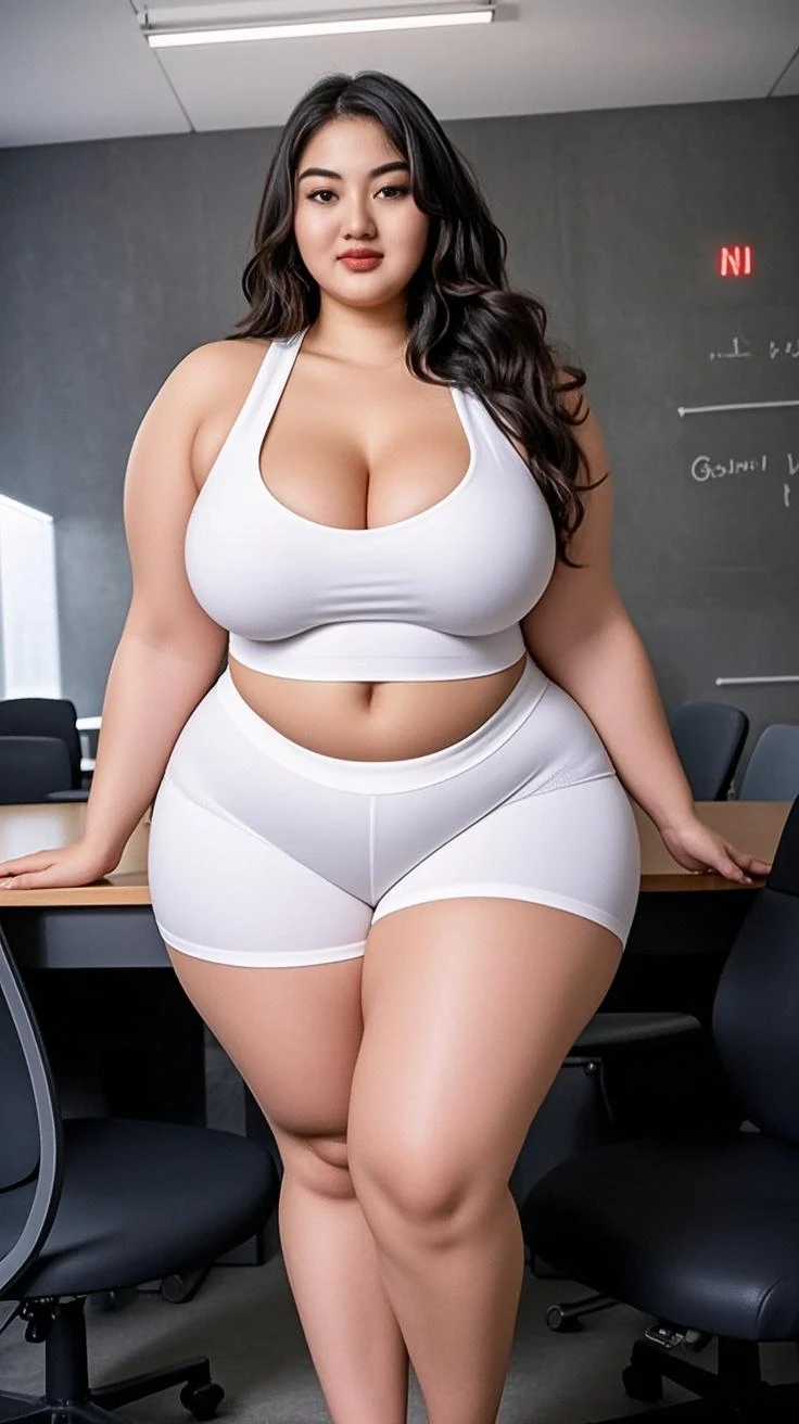 european very young curvy giantess with gigantic breasts is barely sit on shool desk