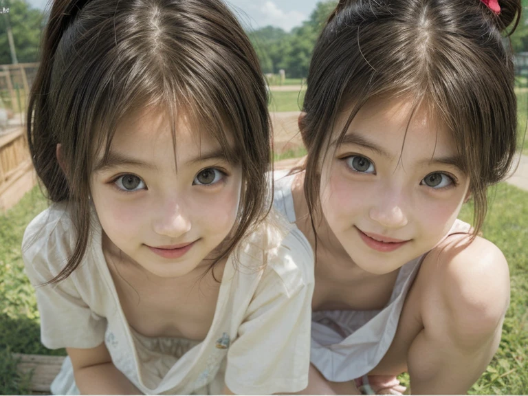 girl，Age 3 years，twincest，Same height，Looks the same，long eyelasher，large black eyes，Short black bangs，skin detailed，Hand detail，Wearing a polka-dot dress of the same color，The background is camping，natural soft light，Smile sweetly，超高分辨率，1.4x realism，超高分辨率，UHD Ultra HD