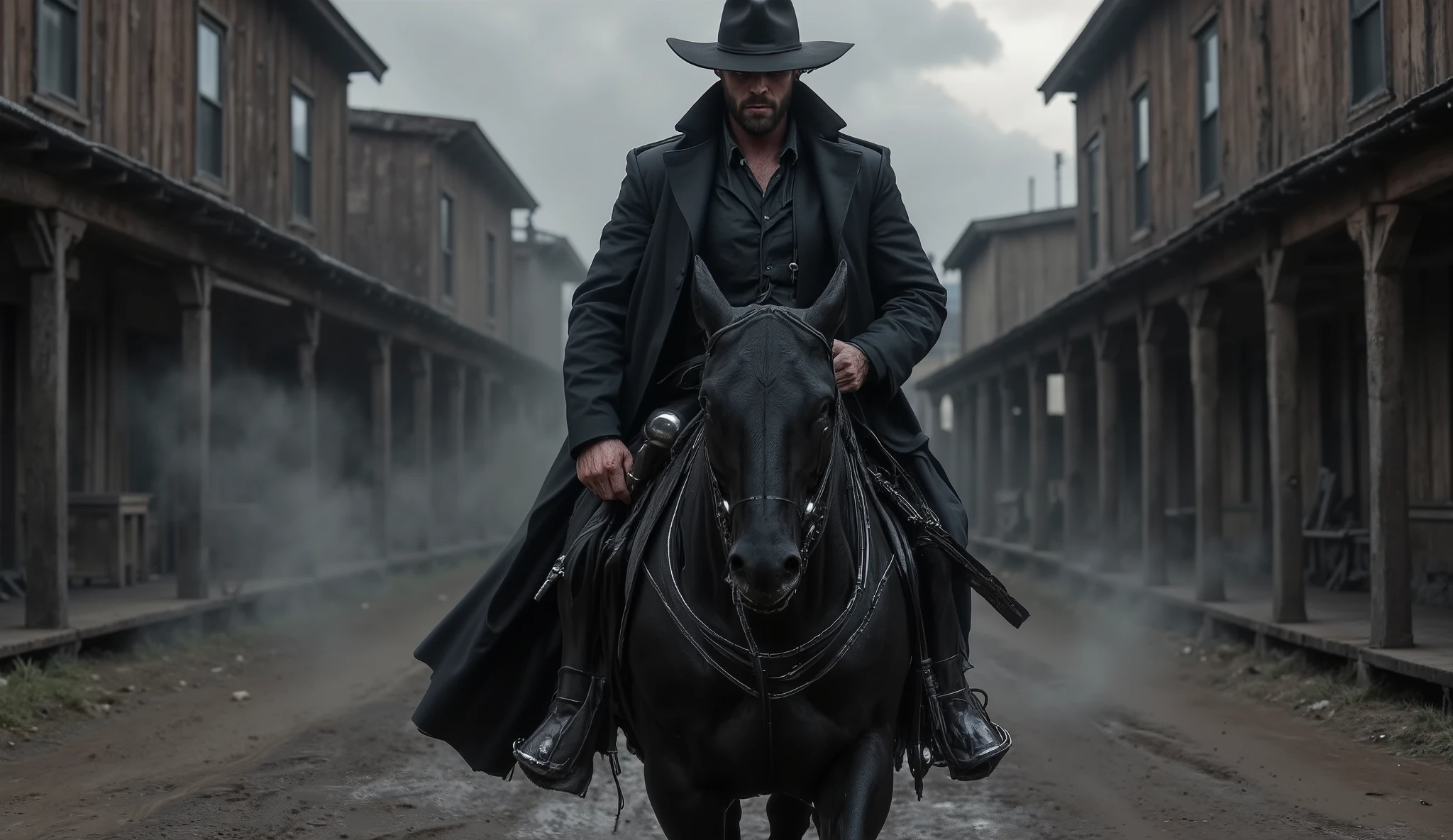 "Ultra-realistic close-up cinematic shot of a lone gunman riding a black horse into an abandoned Old West town. Shot from the front, slightly low angle, camera close to the horse's head and chest, emphasizing the wet, muscular horse and the imposing rider. The gunman wears a dark duster coat, wide-brimmed hat casting a shadow over his face, intense eyes barely visible beneath. Thick fog swirls behind him down the muddy, puddle-filled street, wooden buildings on both sides fading into the mist. Dramatic overcast sky with storm clouds breaking light in the background. Moody, gritty color palette, photorealism, 8K resolution, cinematic lighting, DSLR depth of field, shallow focus on the rider and horse, hyper-detailed textures on clothing, leather, and horse fur."