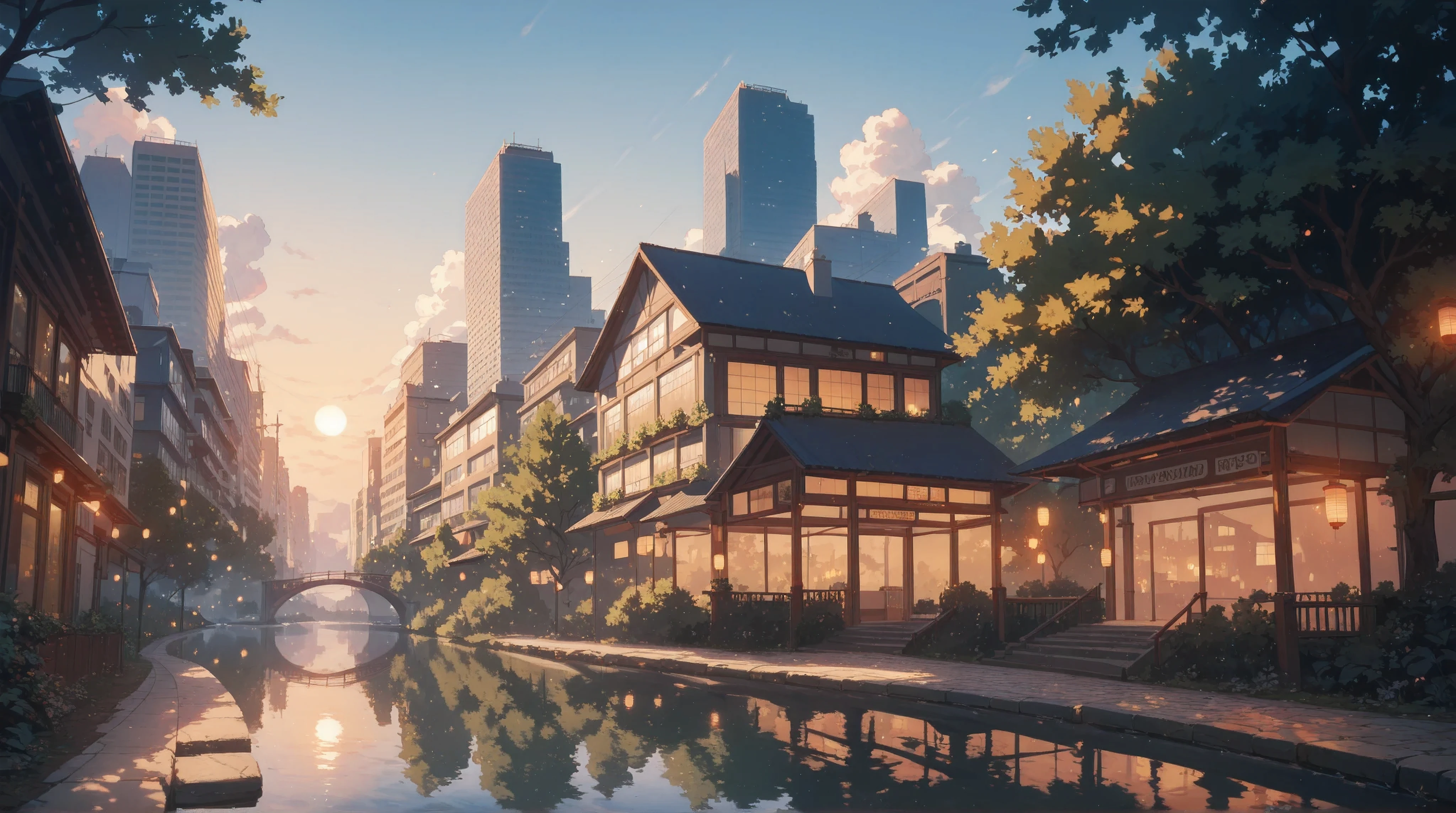 urban background with buildings and trees, river with bridge, lanterns, sun setting, light casting defined shadows, relaxed atmosphere, Highest detail, masterpiece, high resolution.