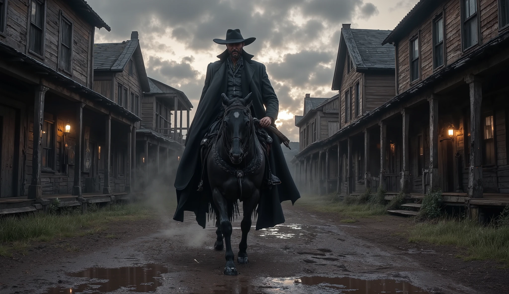 "Ultra-realistic scene of an abandoned Old West town at dusk, muddy dirt road with puddles reflecting broken storm clouds, thick fog rolling in the distance, dramatic cinematic lighting. A lone gunman on a black horse enters the city from the front, camera shot low and centered, wide-angle lens. The horse is wet and imposing, the gunman wears a long dark coat and wide-brimmed hat, face shadowed, exuding mystery and tension. Wooden buildings on both sides loom over the road, details like peeling paint, broken windows, and old signage. Moody color grading, DSLR-style depth of field, photorealism, 8K resolution, atmospheric, gritty, cinematic Western style."