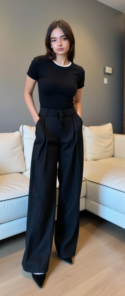 Japanese Girl sees the ghost and pees her black palazzo pants until her pants are wet in fright.