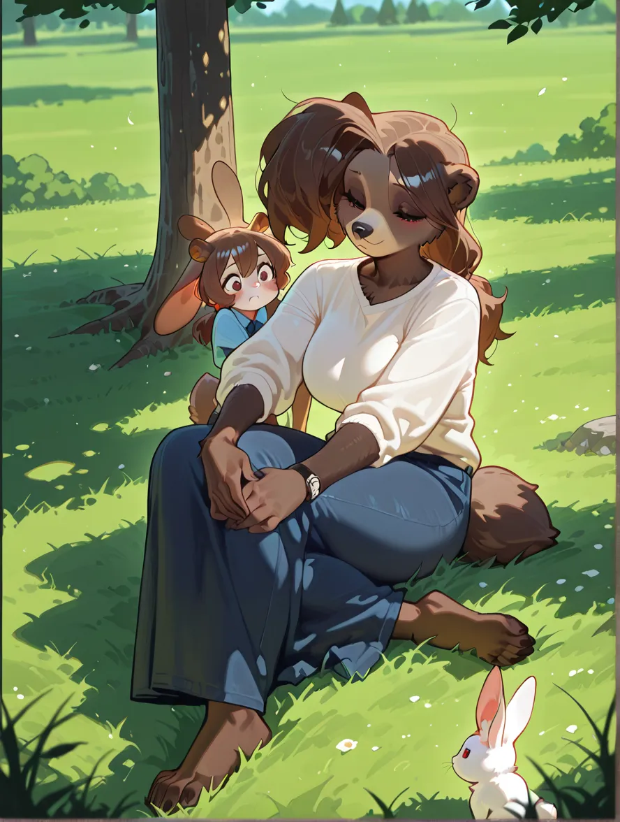 uploaded on e621, by Pixelsketcher, by Bayard Wu, by Thomas Benjamin Kennington , by Einshelm, solo beautiful anthro female deer with ((nice breasts)) and (fluffy tail) and ((beautiful and clear navy blue eyes)), ((wear dirty torn work overalls)), sweaty, embarrassed smile, (detailed Bonifasko lighting), ((detailed fur)), ((straddling a muscular anthro bear in a field of crops)), (cinematic lighting), ((detailed background)), ((high-angle view)), (half body shadow), [backlighting], [crepuscular ray], [detailed ambient light], [gray natural lighting], [ambient light on the belly], (higher wildlife feral detail), [explict content], [sharp focus], (questionable content), (shaded), ((masterpiece)), BREAK