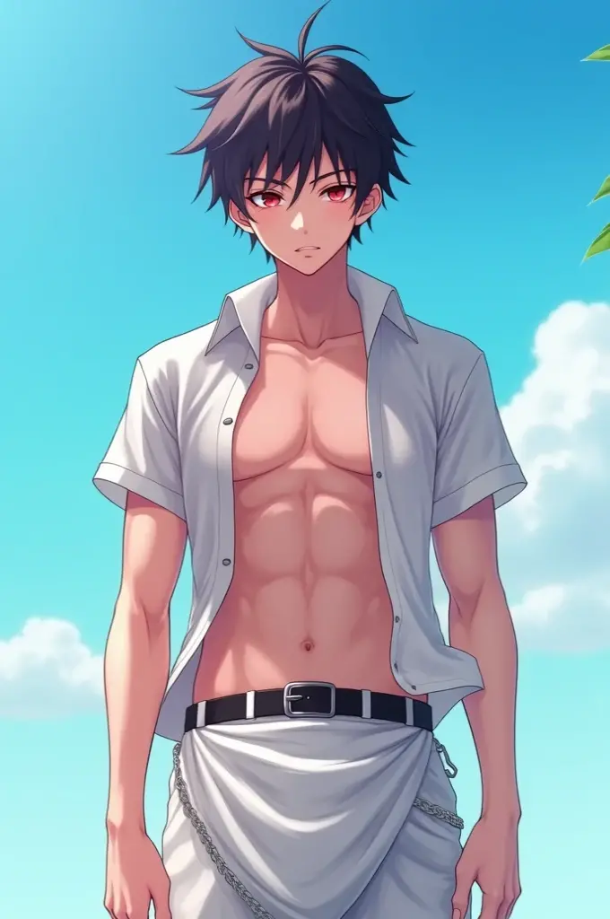 ayumu aikawa, gray hair, blue eyes, manly face, smile, shirtless, slim, fit, abs, closed mouth, outdoors, sky, day, briefs, cloud, pants, full body, frontal shot, sport shoes, cemetery, moon, night,