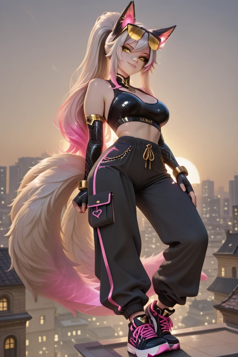 best quality,masterpiece,8k wallpaper,absurdres, highres, ultra detailed, (1 young beautiful girl, solo:1.1),realistic,k/da (league of legends), solo, animal ears,gloves, fox ears, hair ornament, long hair, blonde hair,blue eyes, whisker markings, fingerless gloves, pink hair,multicolored hair,official alternate costume, asymmetrical clothes, makeup, facial mark, hairclip, breasts, skirt, thigh strap, lips, gradient hair, fox tail, single glove,fox tail, (nine-tailed fox (mythological creature):1.3),A fairytale land where magical creatures live and thrive,BREAK