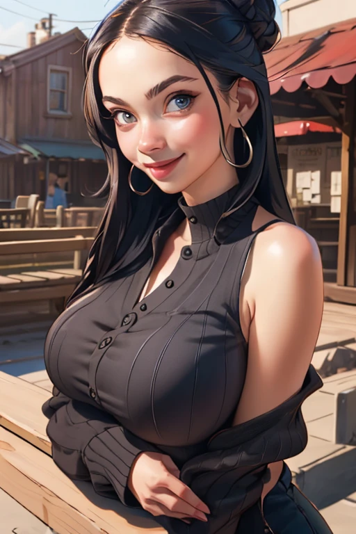 best quality, masterpiece, 1girl, (solo:1.1), raytracing, ultra detailed,detailed face, 8k wallpaper, wide hips,  <lora:more_details:0.5>,  smile, Viola_NDV, 1girl, black hair, large breasts, long hair, blue eyes, witch hat, black dress, dark skin, bare shoulders,  <lora:Viola_NDV:0.7>, outdoor, sitting, open mouth