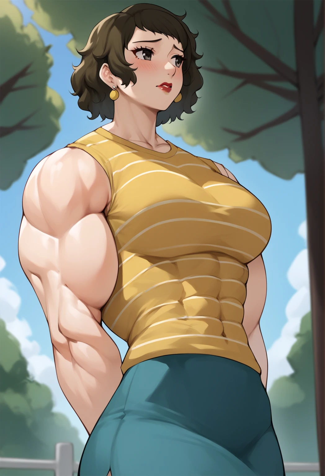 Anime, 2d anime, cartoon anime, detailed illustration, dynamic angle, ultra-detailed, detailed eyes, detailed face, illustration, 1girl, late 20’s year old, Big woman, Asian American, very tall, broad shoulders, silky long black hair, muscular, tone body, a little bulky, muscular arms, wide shoulders, tall woman, happy, shy, embarrassed, blushing, hands together, broad shoulders, large muscles, night time, Evening, standing by a window , in a long flowing yellow sundress, in a nice house, living room, dark wood panel walls, dark hard wood floors, standing in doorway, dark outside, night time, luxurious mansion, stary night outside the windows, erect nipples, not looking at camera, looking to the side, aroused but embarrassed, grey eyes