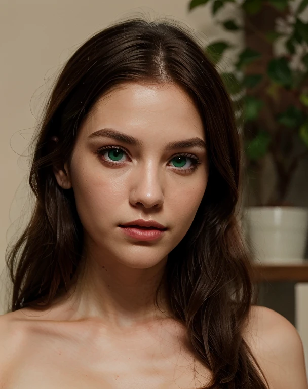 a girl. face sent feeling. Europe. Oval face. long face. delicate facial features. sad eyes. seductively seductive. green eyes. long straight hair. green hair. sexy expression.