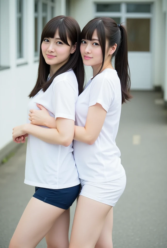 two girls standing in the park,Plain white school gym shirt with navy blue trim,Navy blue speed briefs,Red headband,White headband,14 years old,bangs,A small smile,Thighs,knees,bangsのあるショートヘア、Straight Bob Hair,From below,Front light, White panties visible through the skirt、Lift the hem of the skirt with both hands to reveal the panties、(((Dark sunburn、Tanned brown skin、Black skin color)))、(Dark brown skin:1.)