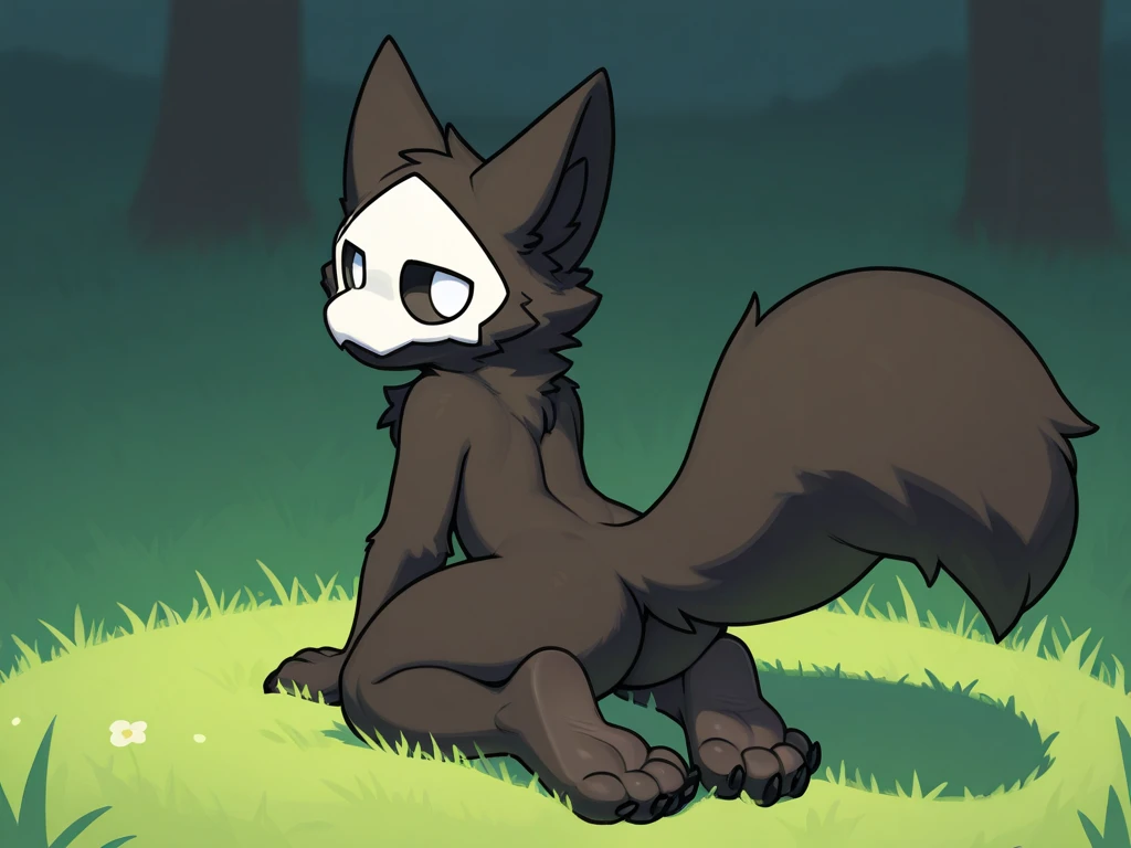by chano, by cheesefries, by sanu, puro, (solo), anthro, male, slime boy, goo creature, black body, black fur, monotone fur, monotone body, white mask, black sclera, white eyes, black slime, glistening body, wolf ears, wolf tail, (huge fluffy tail), snout, thin, girly, femboy, bottom heavy, wide hips, thick thighs, (nude) fluffy fur, fluffy tail, fluffy, kneeling, looking at viewer, warm lighting, soft lighting, vignette, romantic ambiance, (<3:1.1), cute, detailed background, forest, sunset, dusk, gradient background overlay