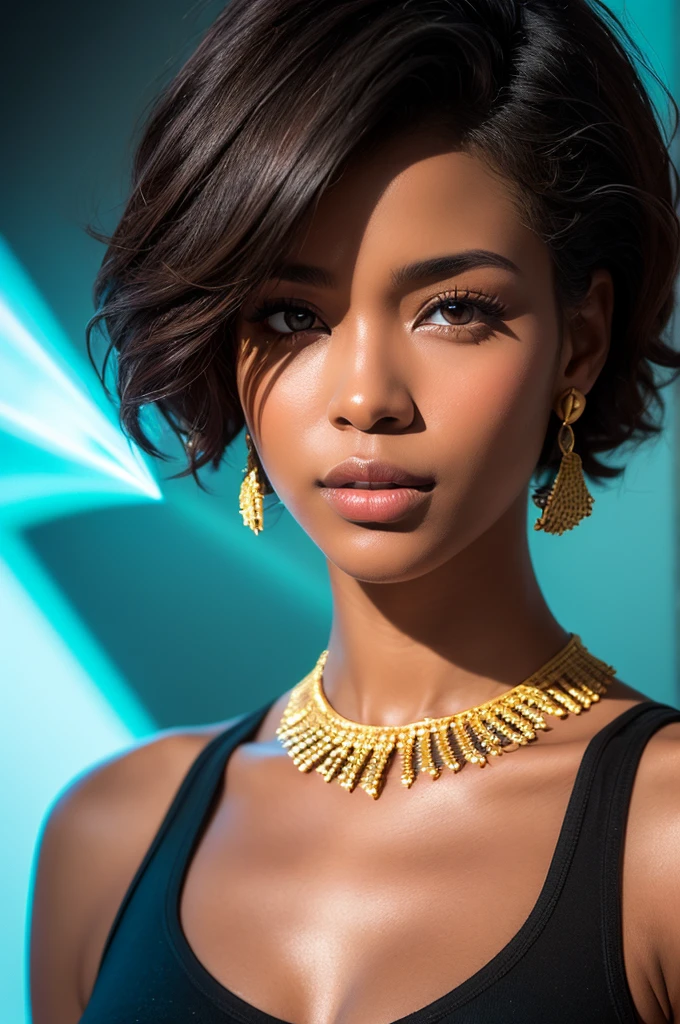 ultra detailed, absolute resolution, masterpiece, beautiful Afro Latin woman, short hair,  ethnic jewelry(bright light and shadow, seamless, contrast, Degradation) Effects, altamente detallado, enfoque y contrast nítidose, extremely clear image, 2.5D, artistic photograph, hyperrealistic, Effects magic, shading Effects magic, lighting Effects magic