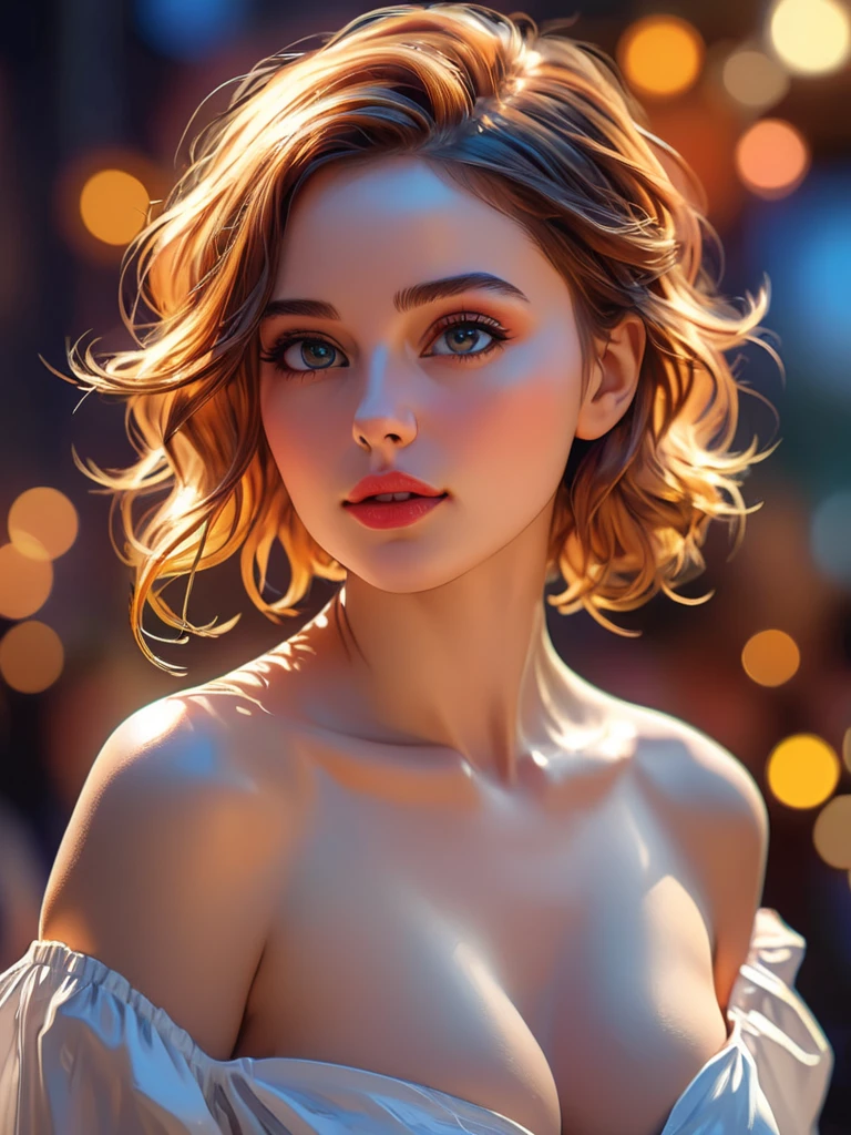 portrait Ariana Grande, wearing breasts angel costume, against the background of clouds, character portrait, 3 9 9 0 s, short hair, intricate, elegant, highly detailed, digital painting, artstation, concept art, smooth, sharp focus, illustration, art by wlop, charlie bowater and alexandra fomina, 36k