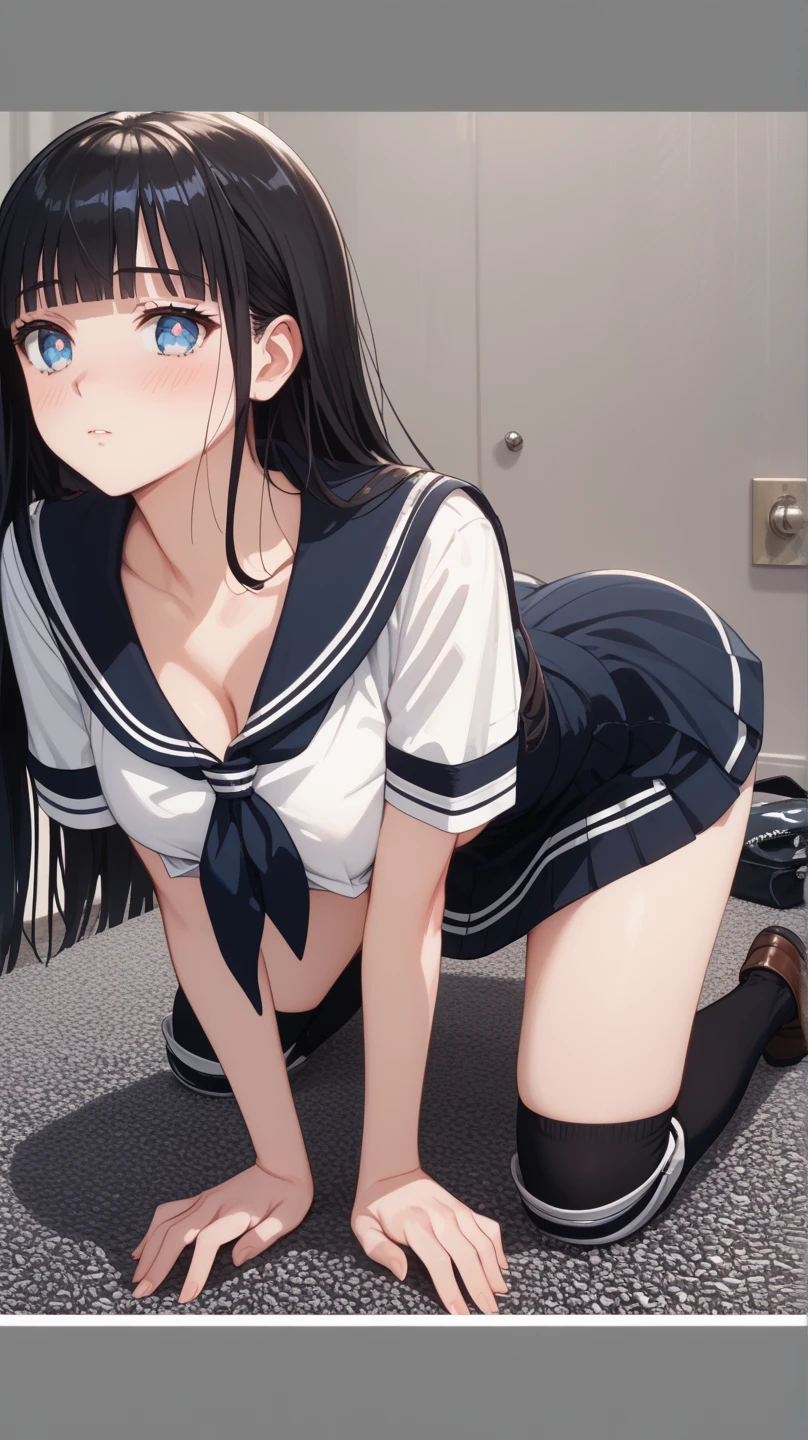 Top quality, masterpiece, high resolution, clear outline, NSFW, 20 years old, sitting on the toilet and putting his hand in his panty, sailor suit, cute white panty,beautiful hands, beautiful fingers, (perfect face): 1.4), (ecstasy: 1.3), school toilet background, movie lighting,
