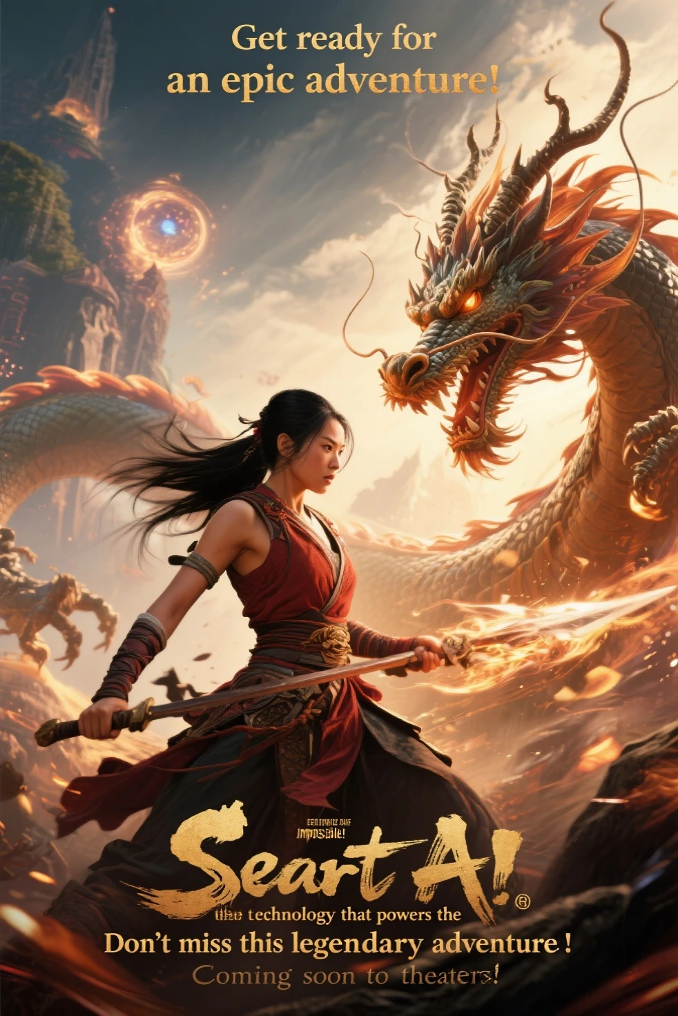 Masterpiece, A scene from Japanese mythology in which a young god dressed in ancient clothing and riding a flying horse fights and defeats a giant snake with eight heads bigger than a mountain.