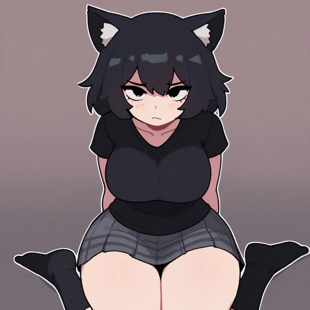 masterpiece, best quality, very aesthetic, absurdres,(nsfw),1girl,black hair,redeyes,cat girl,Puffy nipples,Steaming body,straight-on,shy,masterpiece, best quality, very aesthetic, absurdres,medium shot,looking at viewer,High Saturation,Looking up,tight skirt