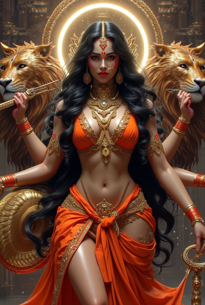 Sexy hot hindu female god golden outfit holding trishul long black hair nearly lion beautiful face HD 