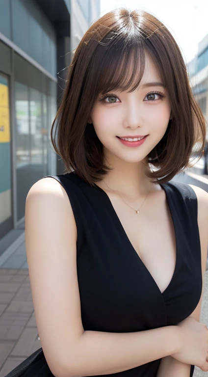 Highest quality:1.5)、(Realistic:1.5)、(1 person:1.5)、Very detailed、finely、High resolution、8k wallpaper、Perfect dynamic composition、Small breasts、Natural color lip、Cute Smile、Japanese women、20-year-old girl、Beautiful and elaborate face、Perfect and beautiful face、Beautiful and exquisite、Big eyes、Brunette's eyes、Beautiful and elaborate face、Perfect and beautiful double eyelids、Natural Bangs、Beautiful thin nose、Beautiful Skin、Chestnut Hair、Hair tied up、Natural Bangs、Open Cafe、Terrace seats、Perfect and beautiful face、Natural pose、Slim face and figure、(Looking into the camera)、Bright lighting、Professional Lighting、Front lighting、Bold sexy pose、Natural smile、Make it cold、Holter shoulder、Beautiful clavicle、(A sexy shot of her looking straight into the camera)、Large Breasts、Upper body all、From the stomach up、