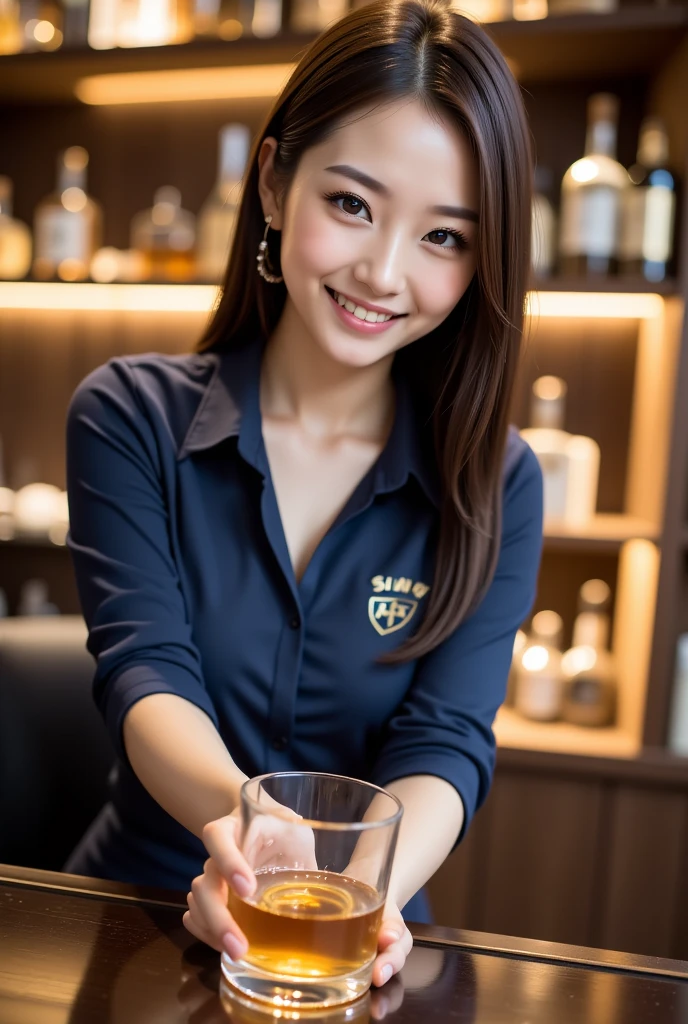 ( 16k, 8k , best quality, masterpiece, ultra high res, highly detail face:1.3), an extremely detailed and delicate, SIGMA 85 mm F/1.4, extremely fine and beautiful, full body shot, Japanese, (happy smile:1.3), (((40 yo attractive mature wife))), beautiful, (((e-cup breasts))),(black bra with Flight Attendant uniform:1.3), (((large breasts))), slender, smile, very wavy long brown hair, morning, (((in the bar))), rich background,
