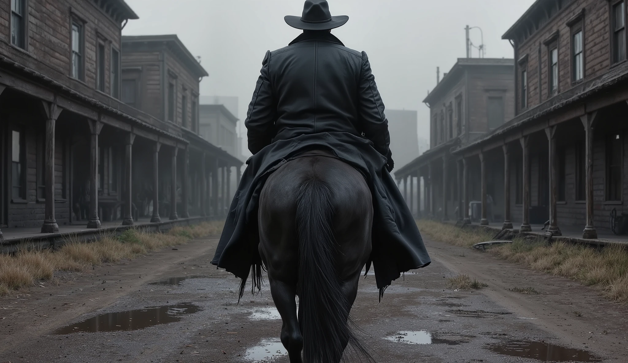 Ultra-realistic over-the-shoulder shot of a gunman riding a powerful black horse toward an abandoned, fog-shrouded Wild West town. The camera pans slightly above and behind the rider, showing his broad back wrapped in a gorgeous dark leather overcoat, and his wide-brimmed hat framing the view ahead. The horse’s mane and ears are visible in the foreground, wet from recent rain, with his strong shoulders moving. Ahead, the muddy main street stretches between rows of dilapidated wooden buildings, with puddles reflecting a stormy sky. Faint outlines of distant figures are barely discernible through windows and shadows, silently watching. Thick fog and diffuse light from storm clouds create a dramatic, moody atmosphere. Photorealism, cinematic depth of field, grainy textures, 8K resolution, western noir style, immersive perspective, cinematic lighting, DSLR-style realism.