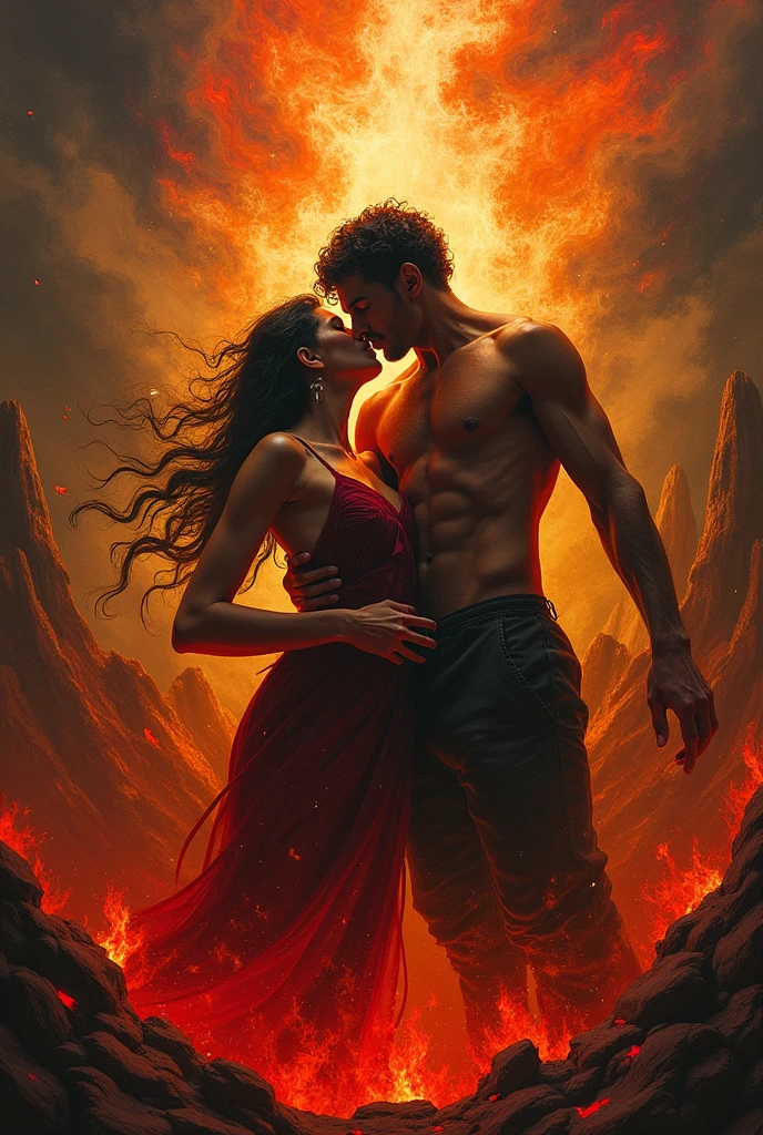 masterpiece,Highest quality,Rich in details,high resolution,flame/fiery的焰/flame,Dynamic Scene Scale 1.3,Romantic couple kissing in the fire,Firestorm,on fire,Bizarre fantasy image,Excellent skin texture,Magic Circle,Casting a Spell,strange,紫色strength,strength,fiery,meteor。