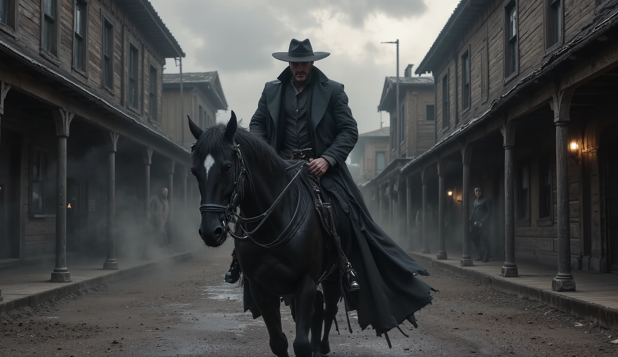"Ultra-realistic cinematic shot of a lone gunman riding a black horse into a foggy, abandoned Old West town, captured from behind and slightly to the side. The camera focuses closely on the gunman's face as he subtly turns his head, revealing intense, shadowed eyes beneath a wide-brimmed hat. His weathered face is partially lit by diffused light breaking through storm clouds above. He wears a long, dark duster coat flowing behind him, and the muscular black horse moves steadily through puddles on a muddy street. Wooden buildings with cracked facades and broken windows line both sides of the road, mist swirling around them. Some distant figures are barely visible, watching from shadows. Cinematic composition, photorealism, moody lighting, shallow depth of field on the face, 8K resolution, gritty textures, atmospheric tension, DSLR-style clarity."
