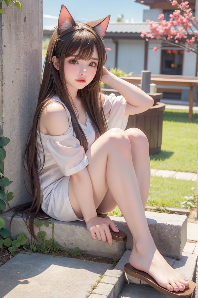 Beautiful shy and childish Japanese girl, Age: 13, Small breasts, Childish expression, Light honey-colored long hair, Brown eyes, Glossy Lips, Shiny hair and shiny body, Shiny thighs, A shy smile, A loose light brown summer sweater, Denim mini skirt, Squatting in pumps, A glimpse of white panties, In the city of Bali, Clear blue sky and clear blue sea, Light shines in, A glimpse of the chest, The chest is exposed,