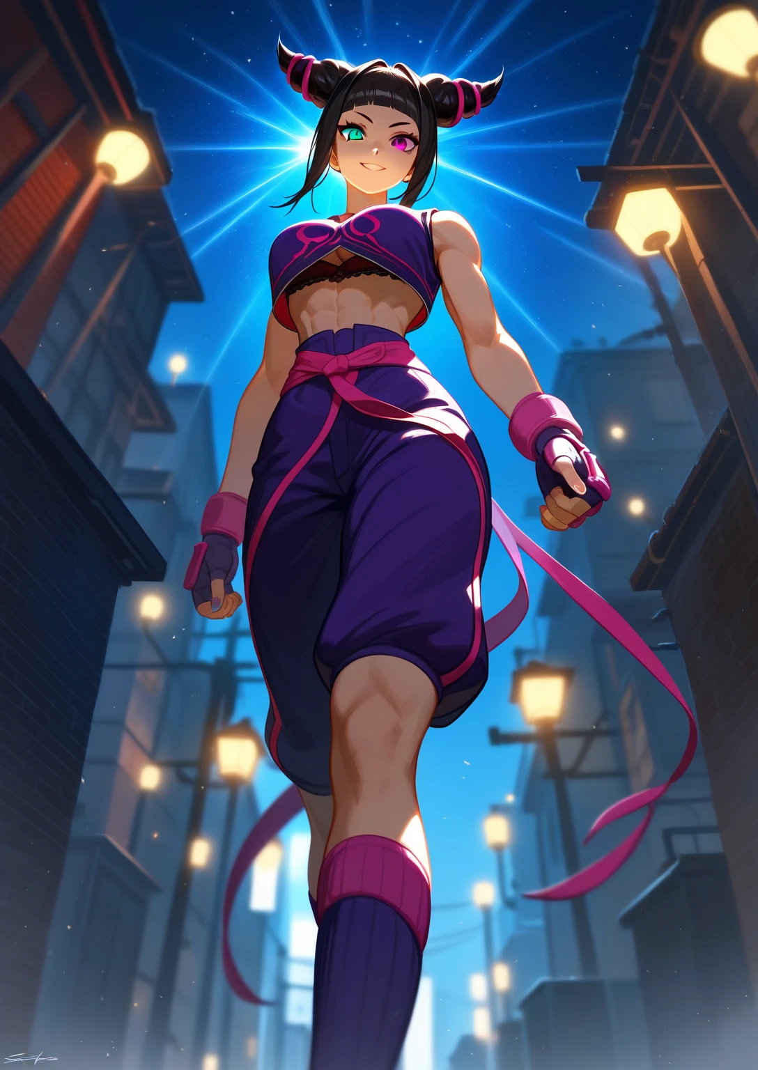 Woman warrior、(Kick)、anime、Are standing、shout、Bullish expression、gloves、Utility Belt、Sweat、(Stone outdoor arena)、Trained biceps、Medium Hair、(Pink jersey)、Shingard、Knee pads、Shoulder Armor、Chest Armor、head band、Denim skirt、tights、Brown Hair、Elbow pads、