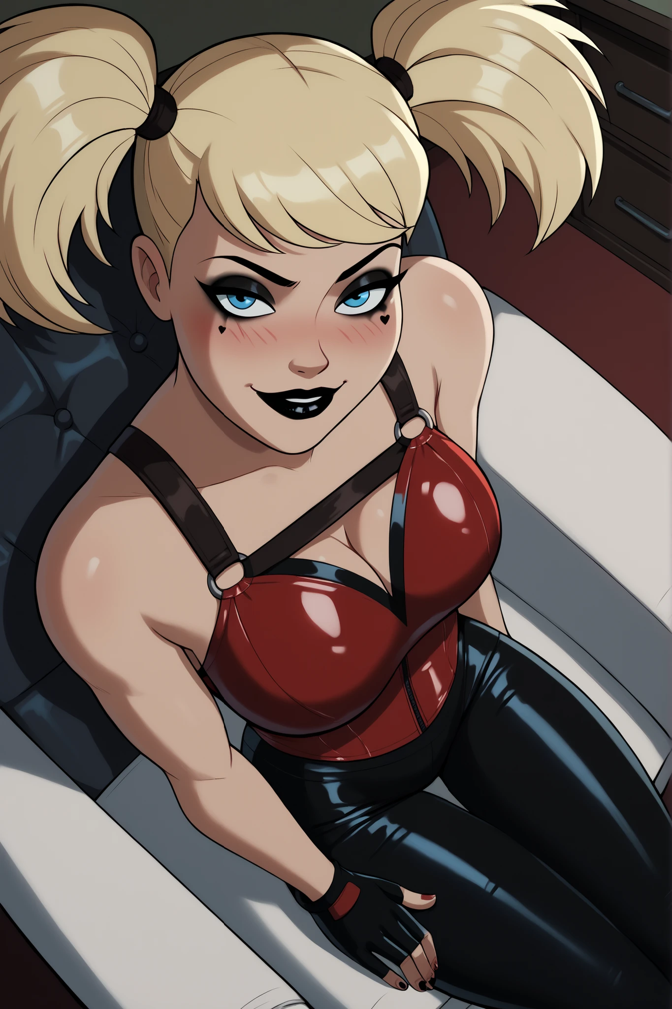 (((COMIC STYLE, CARTOON ART))).  A comic-style image of (((Harley Quinn))), with her as the central figure. She is standing with her hands on her hips, looking straight ahead with determination. She wears a red and black costume, with a white and black mask. She has short, straight blonde hair, blue eyes and red lips.  (((hot body, sexy, sensual, camel toes))) She is surrounded by a night city, with skyscrapers, bridges and lights. She has a determined and confident expression, as if she is ready to fight crime.