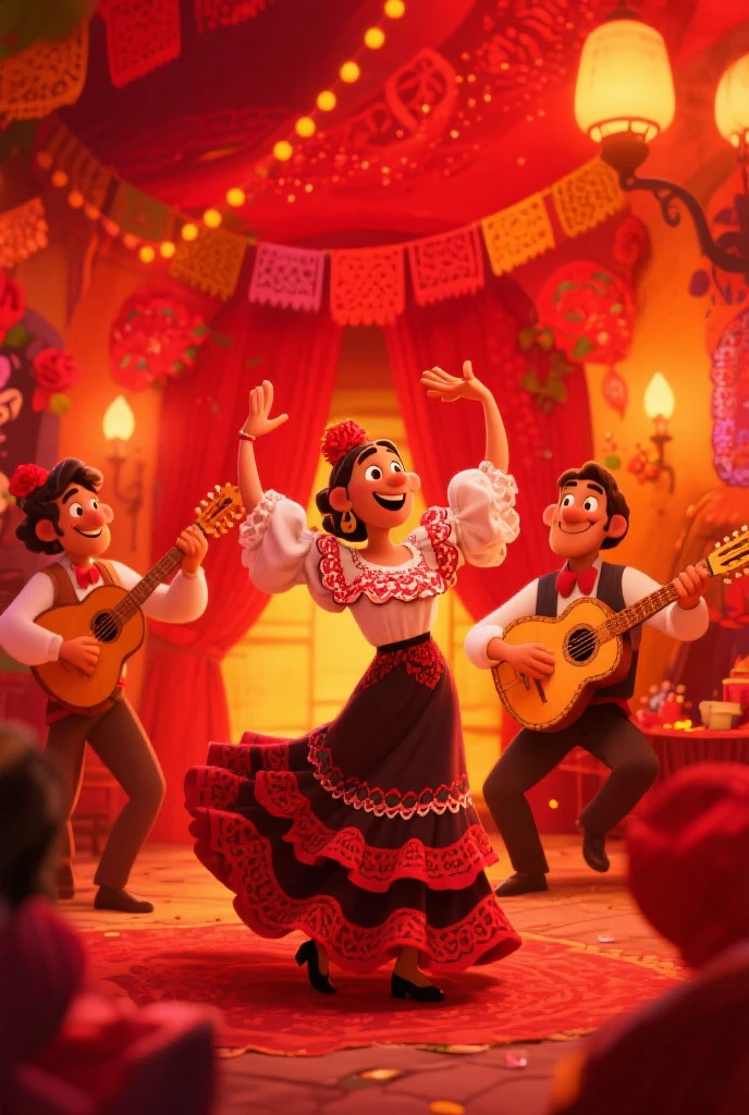 Group of Mariachis with Mexican hats dressed in black, with guitars and trumpets kneeling before an old woman sitting at a typical Mexican party