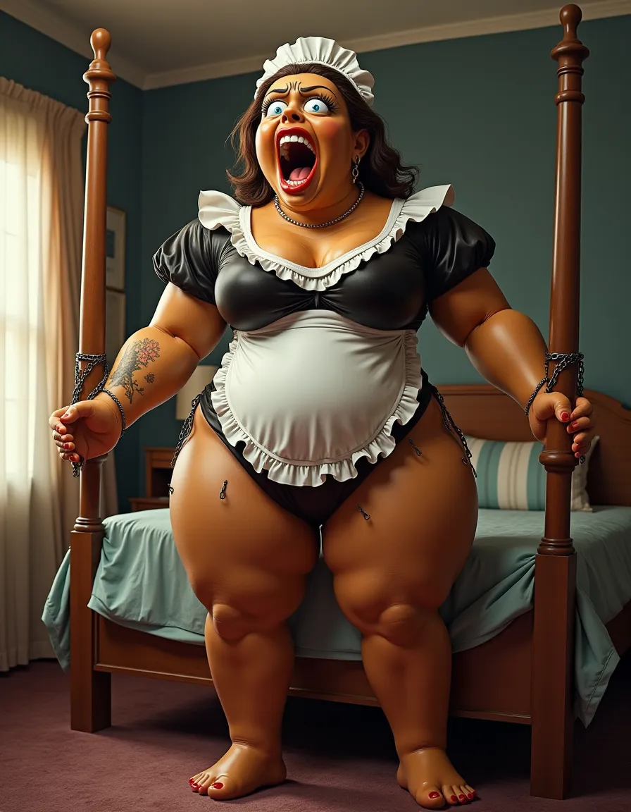 best quality, ultra-detailed, hyper realistic, 8k, full body shot, 23 years old, Nigerian beautiful girl, round shaped face, dark black skin, highly detailed skin with blemishes, ebony, dark natural afro hair, fit athletic figure, full body, big natural D cup breasts, breast squeezed between arms, wide hips, wearing sexy white lingerie, provocative expression, sexy alluring pose, realistic skin, in the bedroom