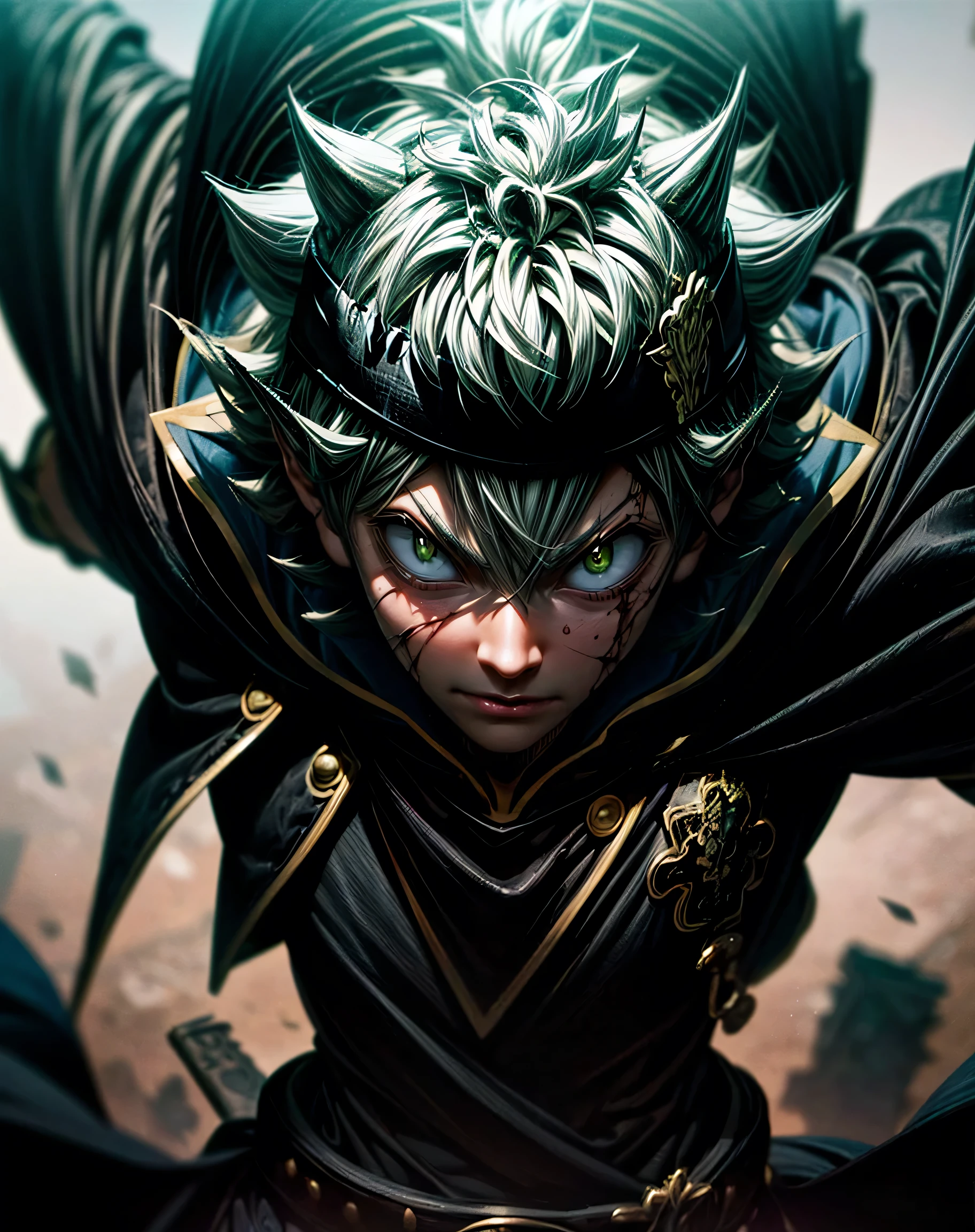 (1boy, solo, alone), (Best Quality), Asta Black Clover, Super Detail, High Resolution 8K, (finely detail:1.3), Looking at Viewer, Upper Body, Dark Fantasy City, very short gray and white shaggy hair, Detalized Face, anime, with buckle and tape, bloodborne, (masterpiece, top quality, best quality, extreme detailed, highest detailed, official art, cinematic composition), below_view, (Highest Quality), fantasy colorful illustration, depth of field